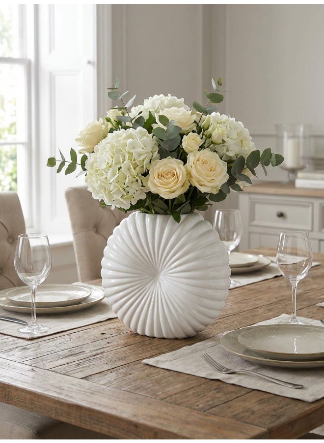 ايست من نون Ceramic Vase for Floral Decorative arrangement, Ht-23.5 cm | Shiny White Color | Sunburst Glaze Design | Size -25.5x6x23.5 cm | Perfect for decorativing your living room, Ideal for decorating coffee table, dinning table, console table or any office or living space - Image 1